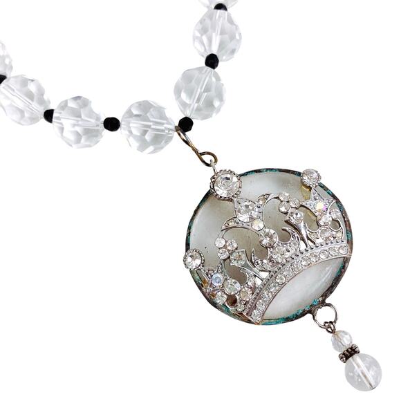Glass Crown Necklace with Glass Beads & Toggle Clasp, OOAK Regal Style - Picture 1 of 9